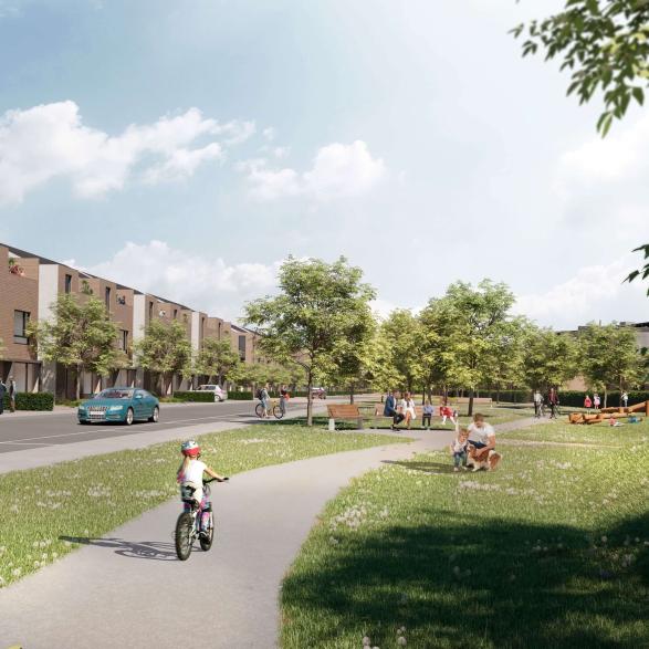 A strategic housing development north of Celbridge, Co. Kildare, of 467 homes with childcare, gym, cafe and retail across apartments, houses and duplexes.