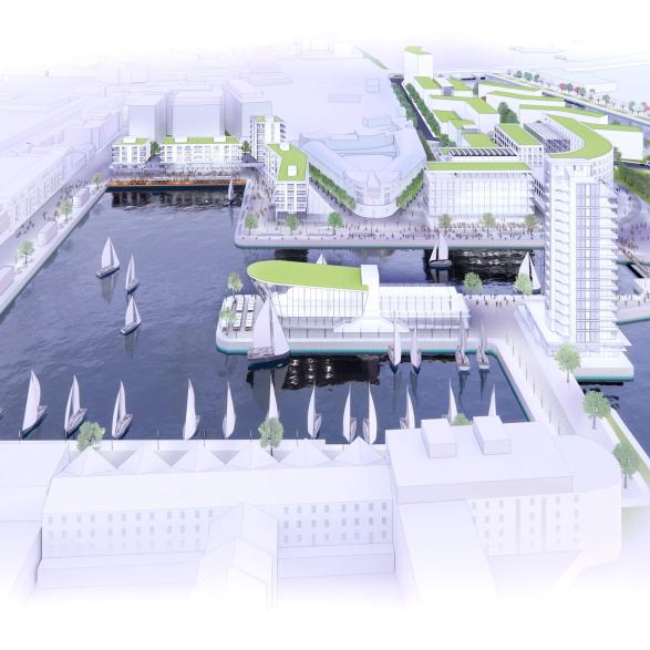 A development framework with Galway Harbour Company to transform the inner harbour into a walkable, zero carbon district reconnecting the city to Galway Bay.