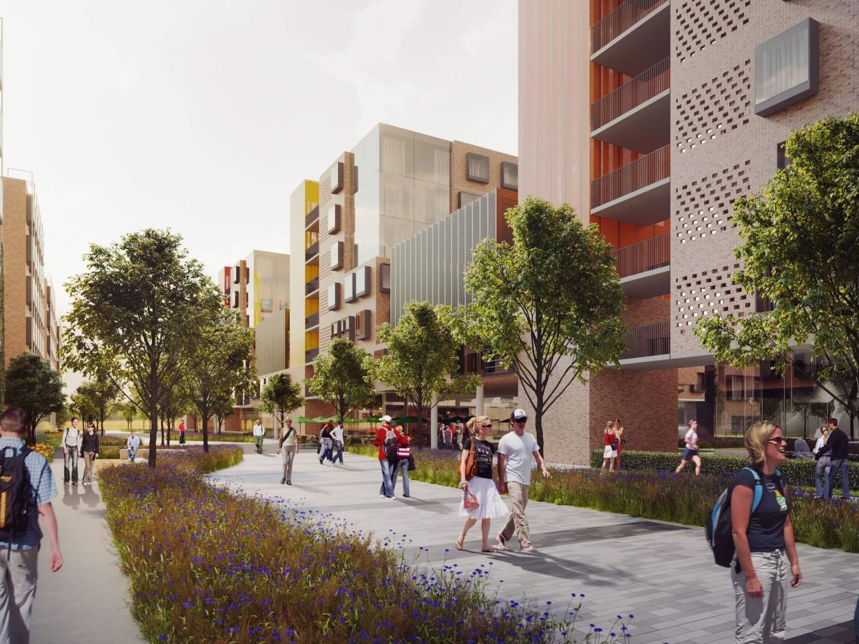 One thousand student bedrooms for Maynooth University, arranged as a ladder of blocks forming four walled residential quads.