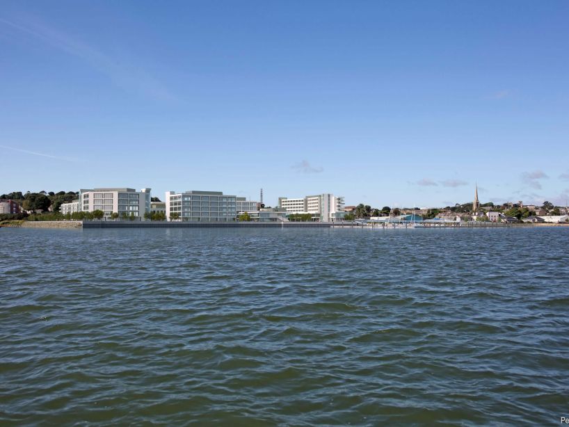 Redevelopment of a 5.6 hectare brownfield waterfront site in Wexford town centre, mixing hotel, offices, homes, retail, civic and cultural uses and a marina.