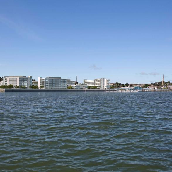 Redevelopment of a 5.6 hectare brownfield waterfront site in Wexford town centre, mixing hotel, offices, homes, retail, civic and cultural uses and a marina.