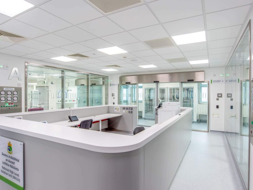 The new National High level isolation Unit at the Mater Misericordiae University Hospital in Dublin is a specialist isolation facility dedicated for the management of patients diagnosed with High Consequence Infectious Diseases (HCIDs). It is engineered with stringent infection prevention and control systems, including negative pressure environments, anterooms for staff decontamination, HEPA filtration, specialized waste management protocols, and robust communication systems to care for single patients or small cohorts during high-risk outbreaks.